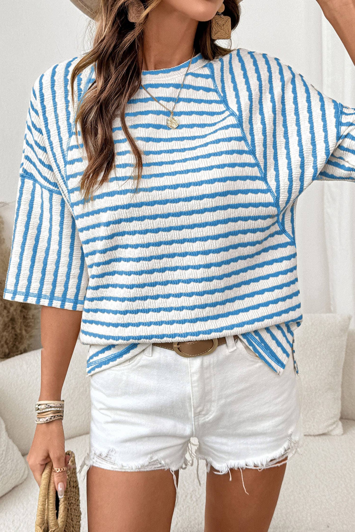 Shirts Women’s Striped Textured Knit Split Hem Half Sleeve Loose Top P1819