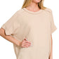 8451 Textured Line Short Cuff Sleeve Raw Edge Top