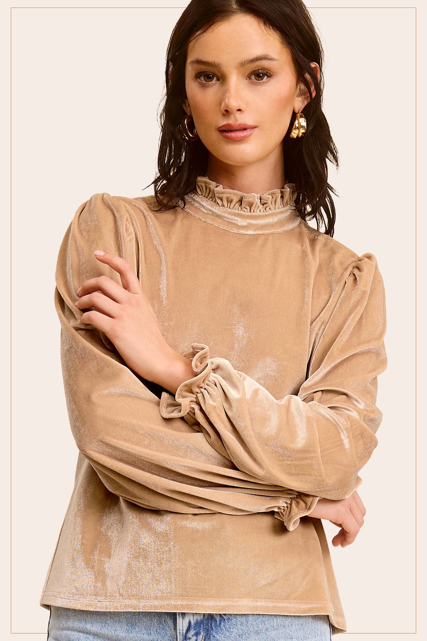 HCT7698-Soft Velvet Long Puff Sleeve Blouse Top shirt womens