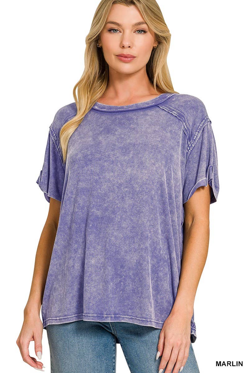 8393A Washed Ribbed Short Sleeve Boat-neck Top