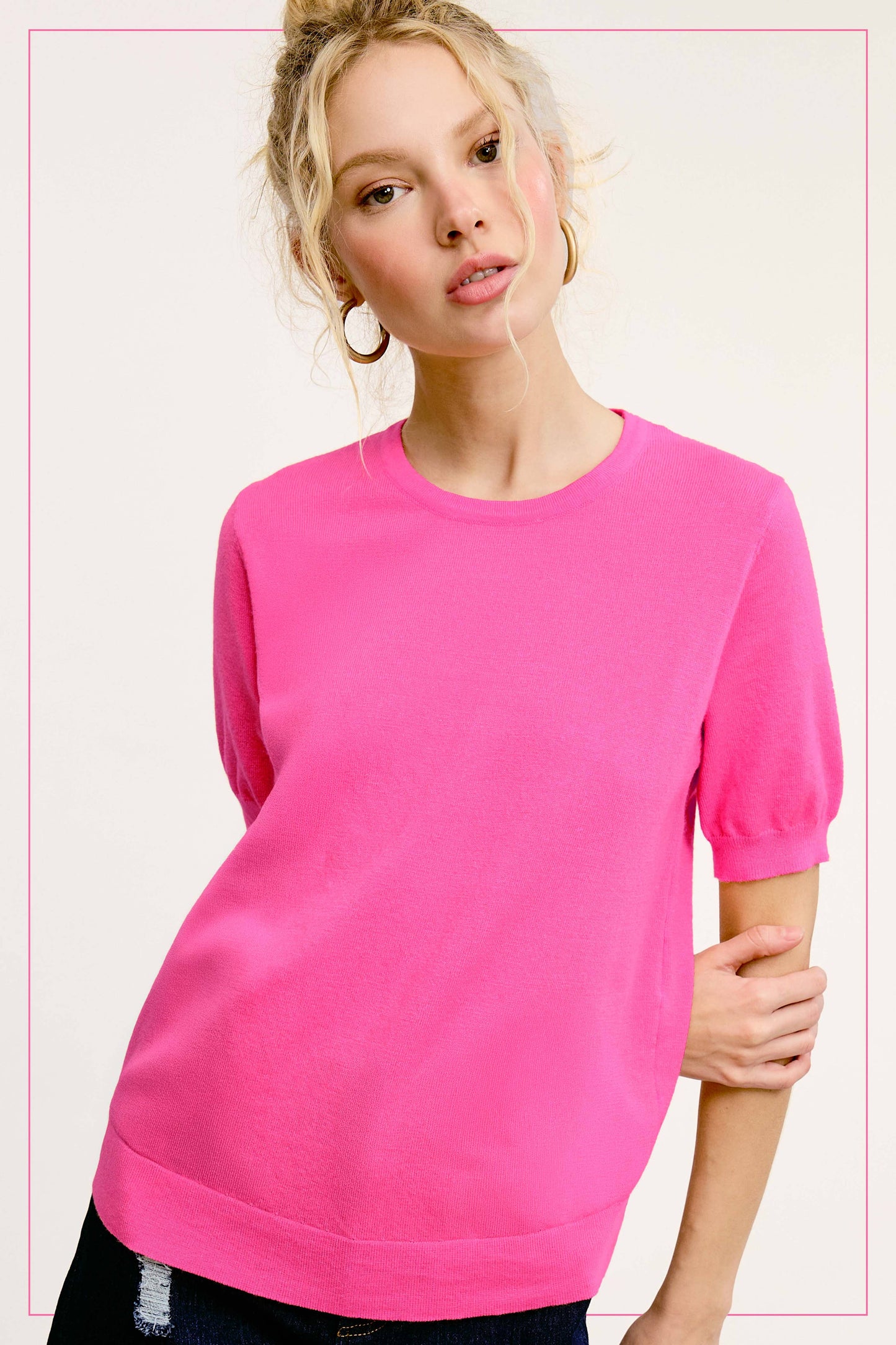 Soft Short Puffy Sleeve Basic Stretchy Knit Top MCS3600