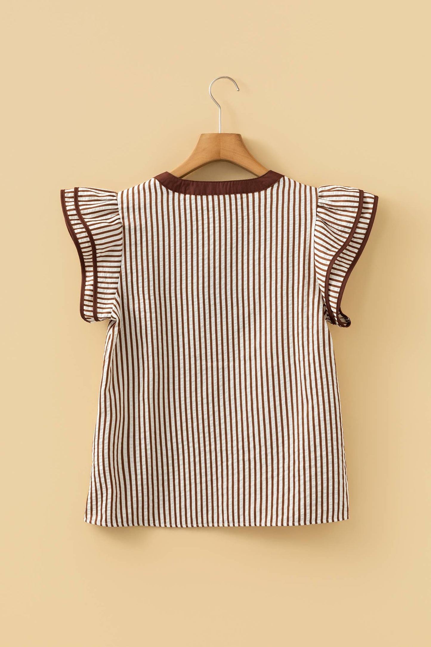 Shirts Women’s Stripe Double Ruffled Short Sleeve V Neck Blouse DLM25134769
