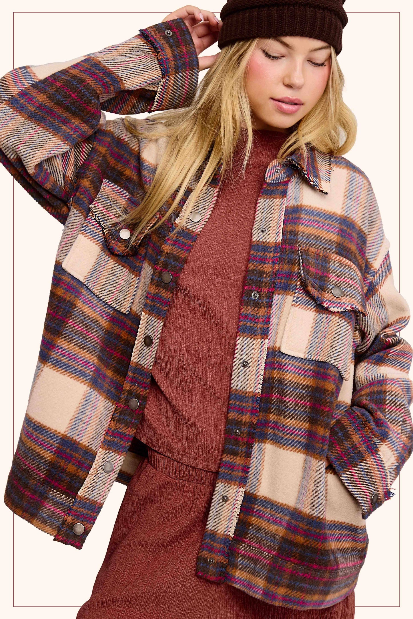 Outerwear Loose Fit Plaid Button Down Shacket with  Pockets JKT1797
