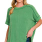 8451 Textured Line Short Cuff Sleeve Raw Edge Top