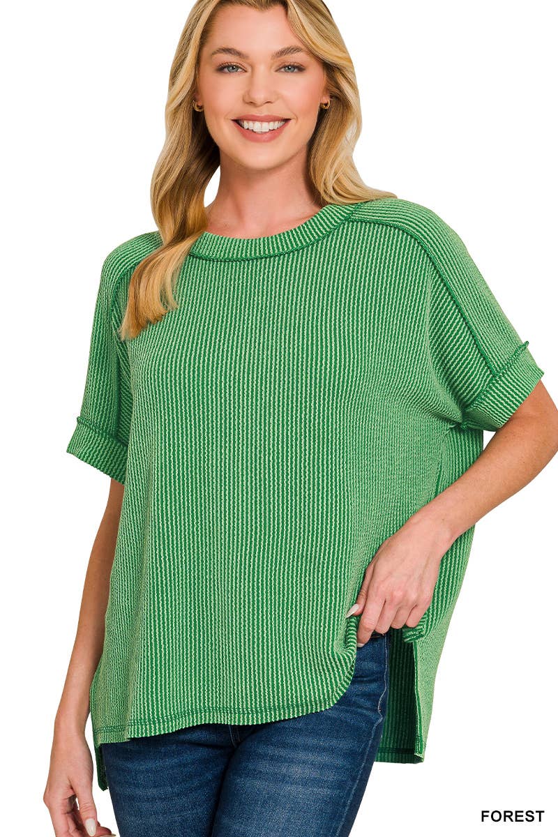 8451 Textured Line Short Cuff Sleeve Raw Edge Top