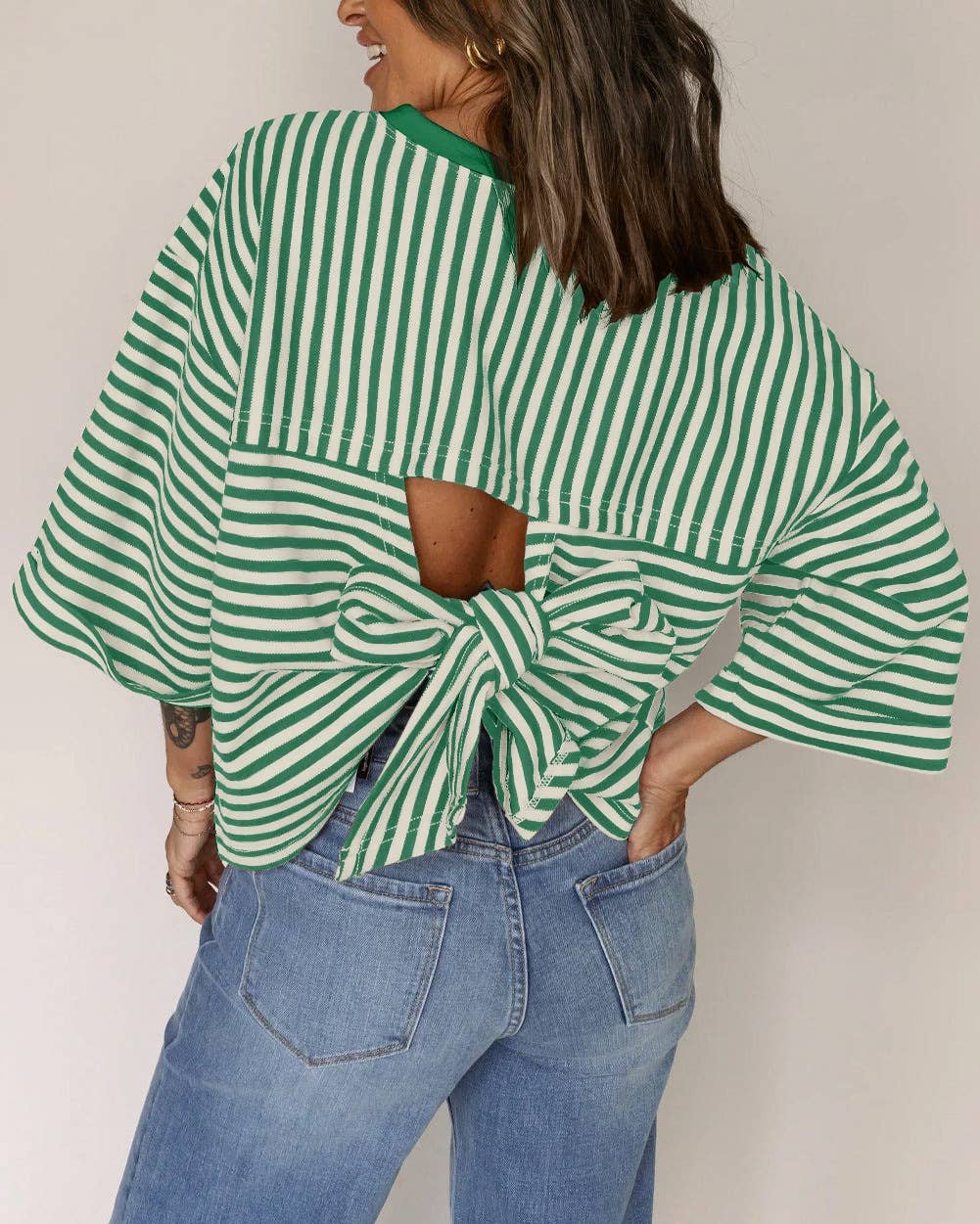 TO1843 Striped Back Tie Bow Knit Top