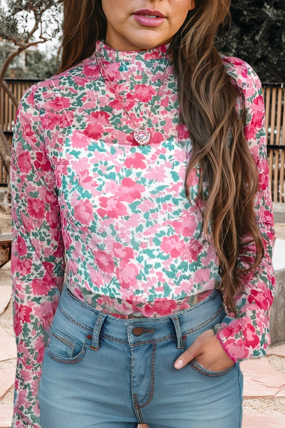 Shirts Women’s Floral Western Mesh Mock Neck Sheer Slim Fit Blouse P1015