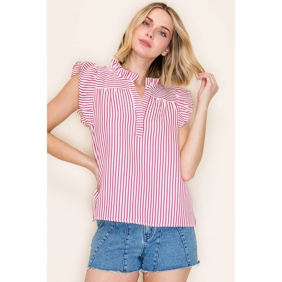 Shirts Women’s FRILLED SPLIT NECK STRIPED TOP 20952