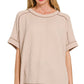 8451 Textured Line Short Cuff Sleeve Raw Edge Top