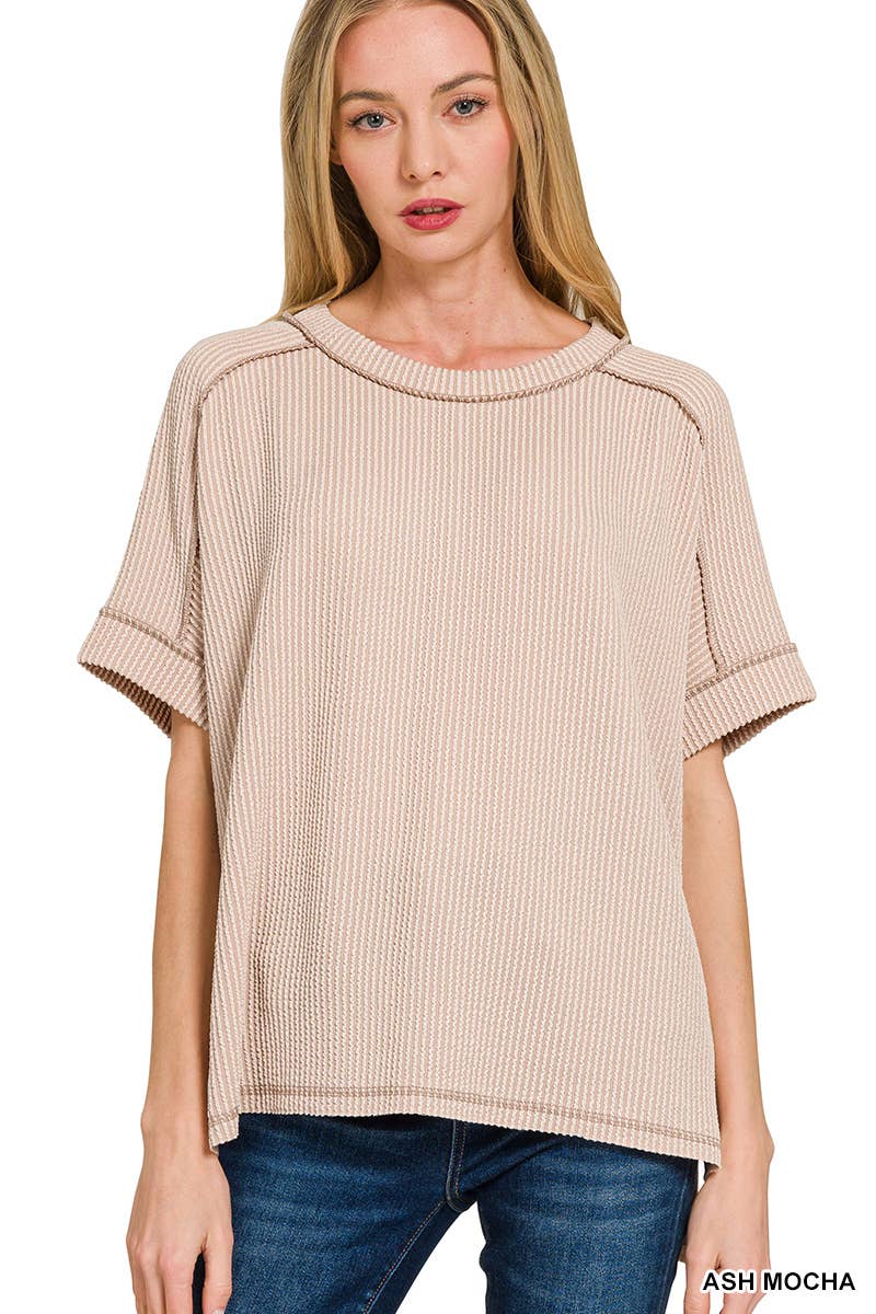 8451 Textured Line Short Cuff Sleeve Raw Edge Top