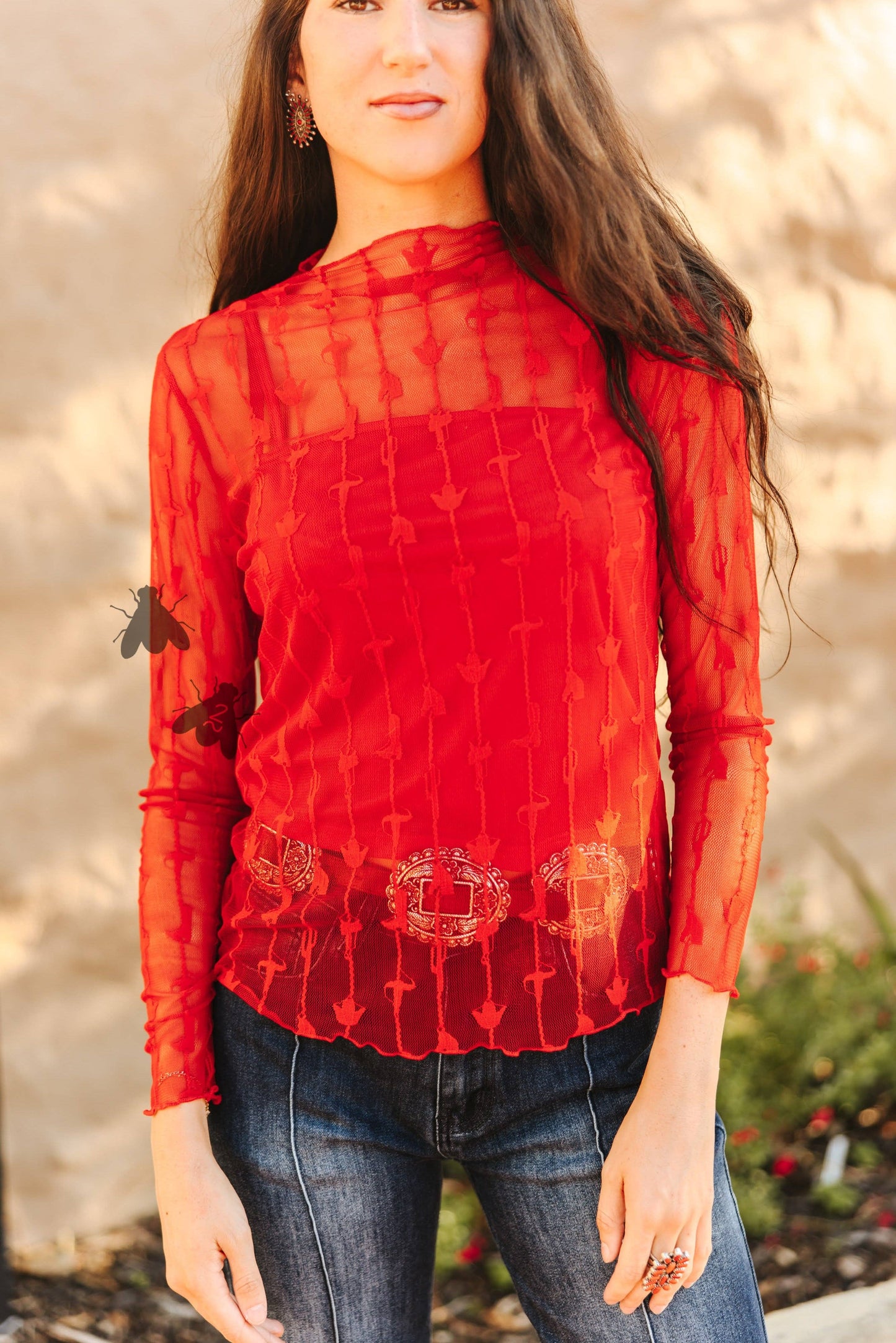 LARIAT Women’s LACE L/S *RED Mesh Top