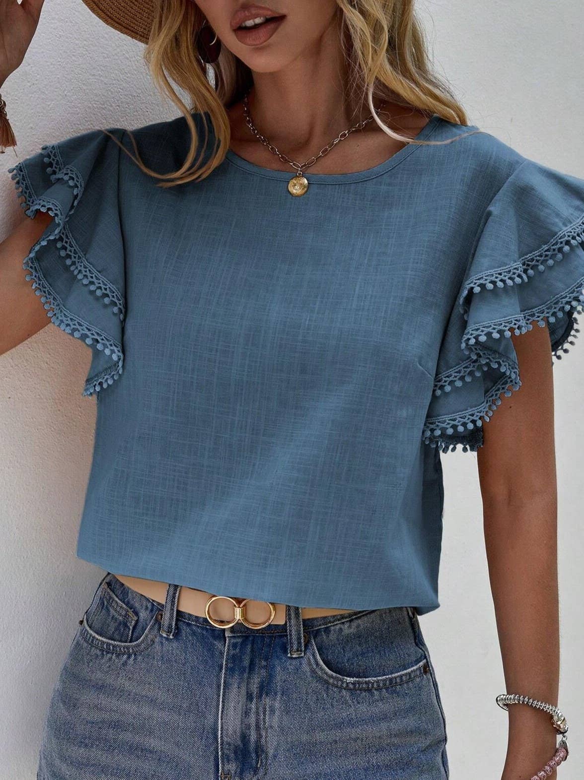Shirts Women’s Crewneck Loose Lace Ruffle Sleeve RCXL00715