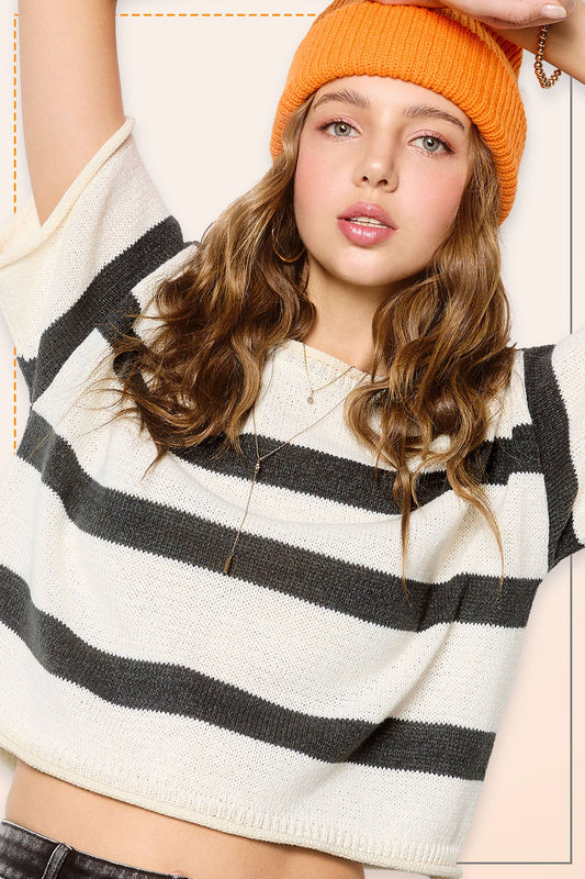MCS3579-Boxy Silhouette Stripe Lightweight Sweater Top Outerwear Women’s