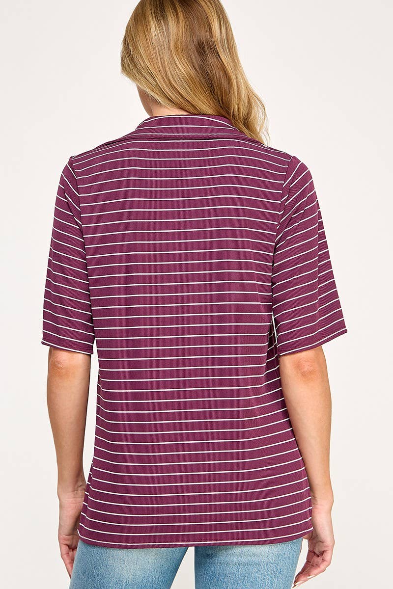 T4019 Stripe Collared Top