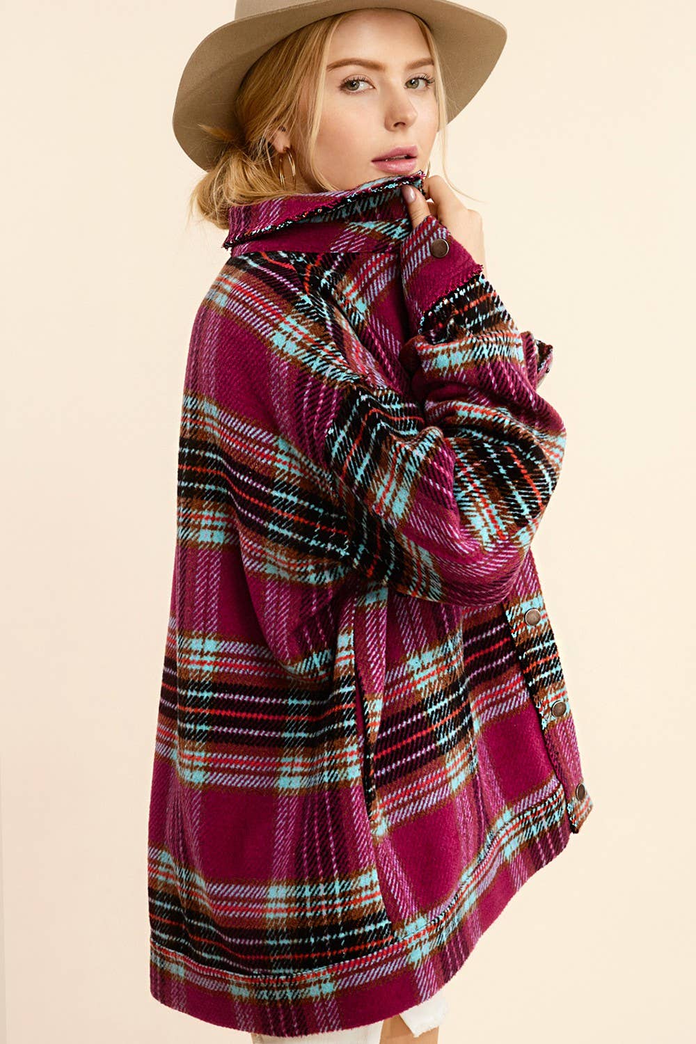 Outerwear Loose Fit Plaid Button Down Shacket with  Pockets JKT1797