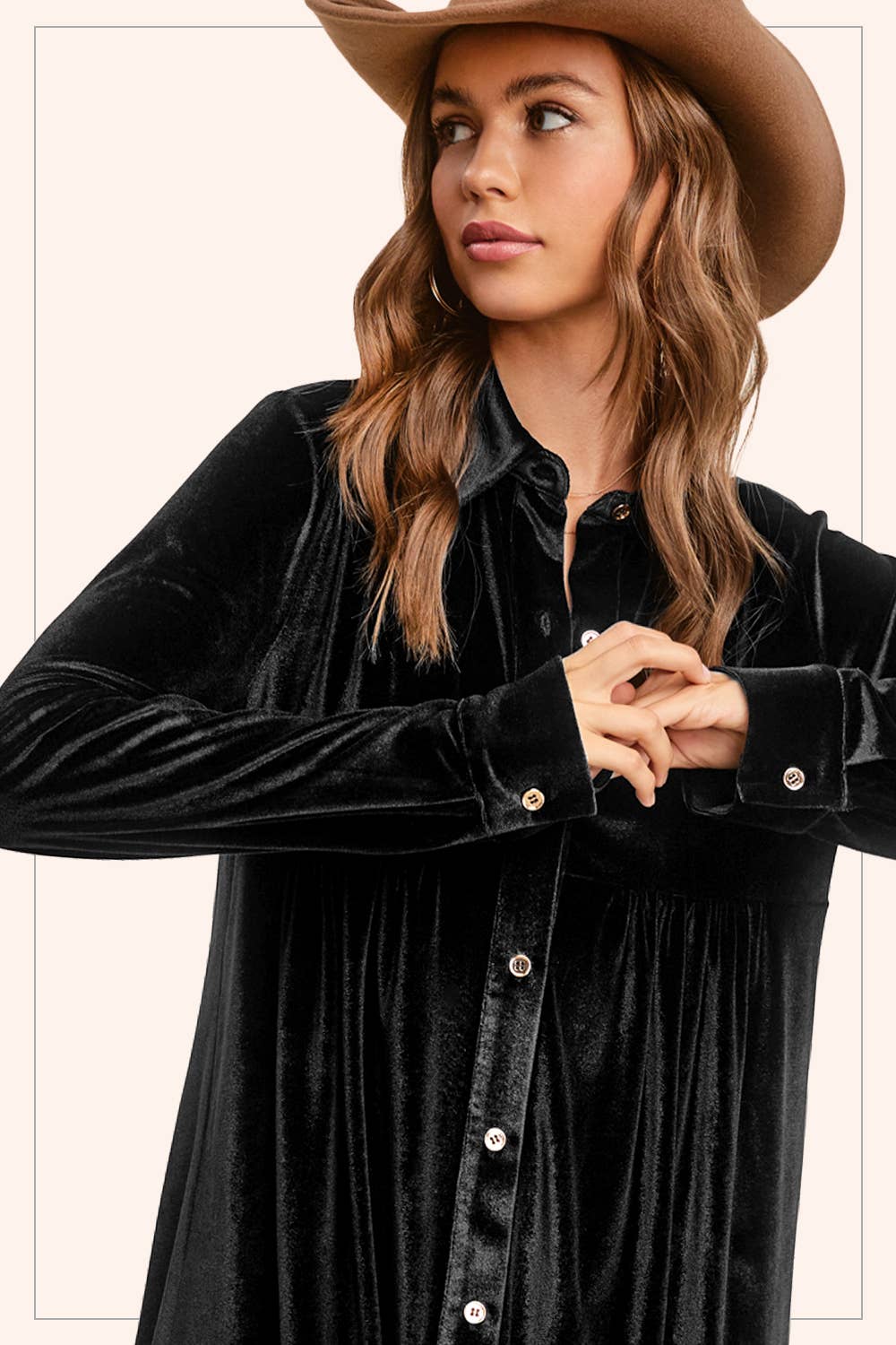 HCD9315-Soft Velvety Button Down Collar Dress