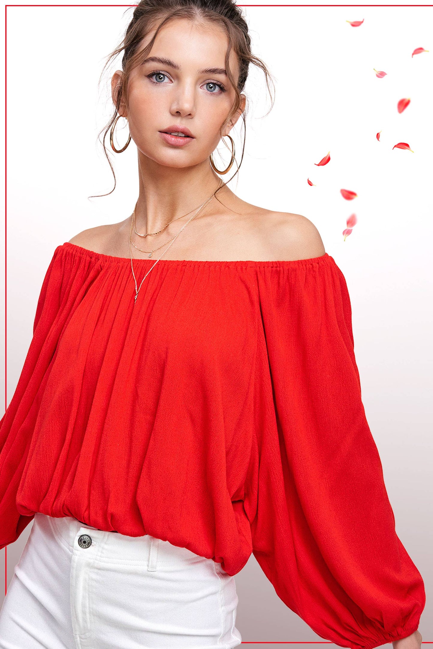HAT7501 Breathable Fabric Off Shoulder Balloon Sleeve Top Women’s Shirts