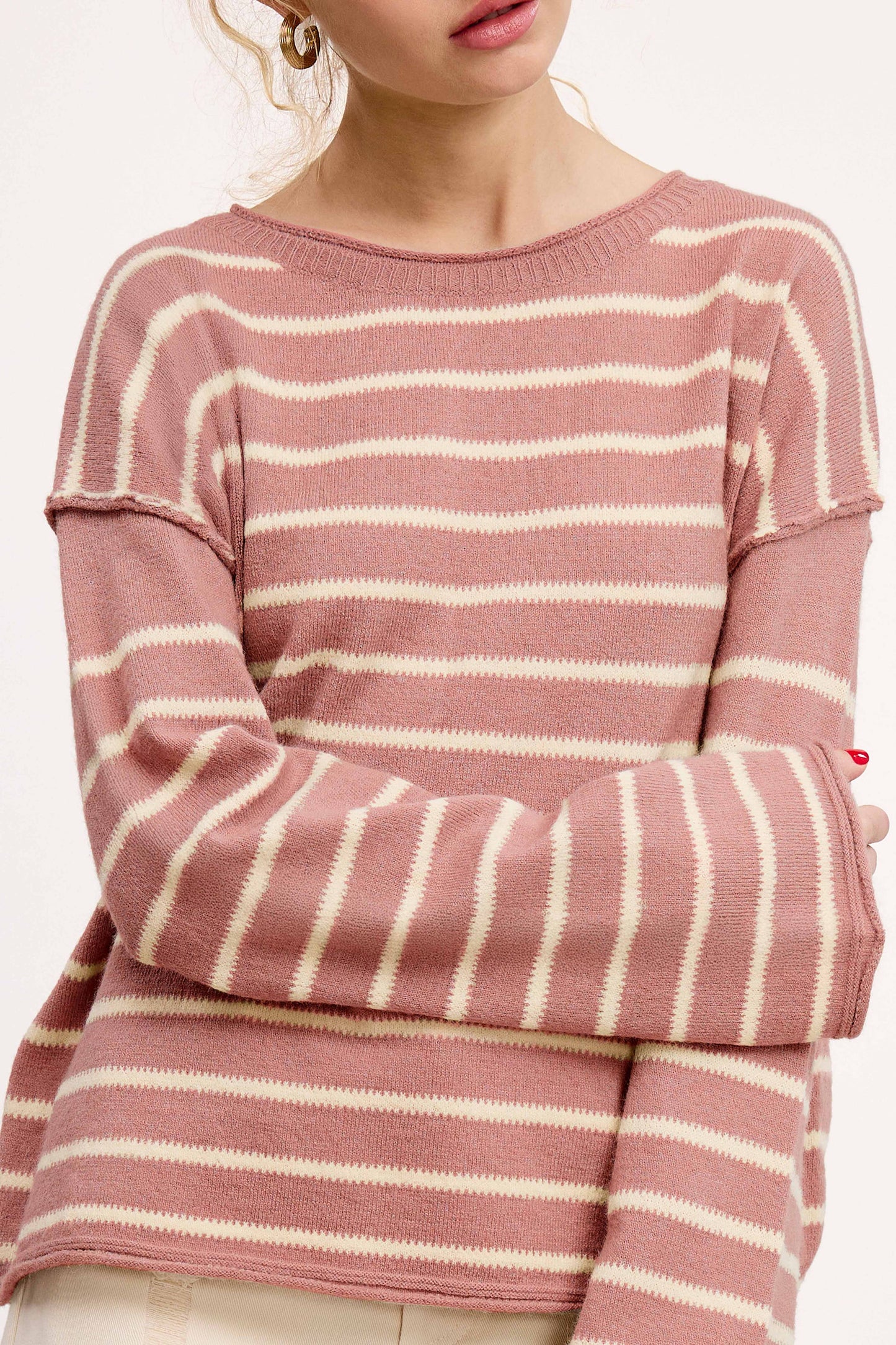 MCS3588-Striped Round Neck Loose Fit Long Sleeve Sweater