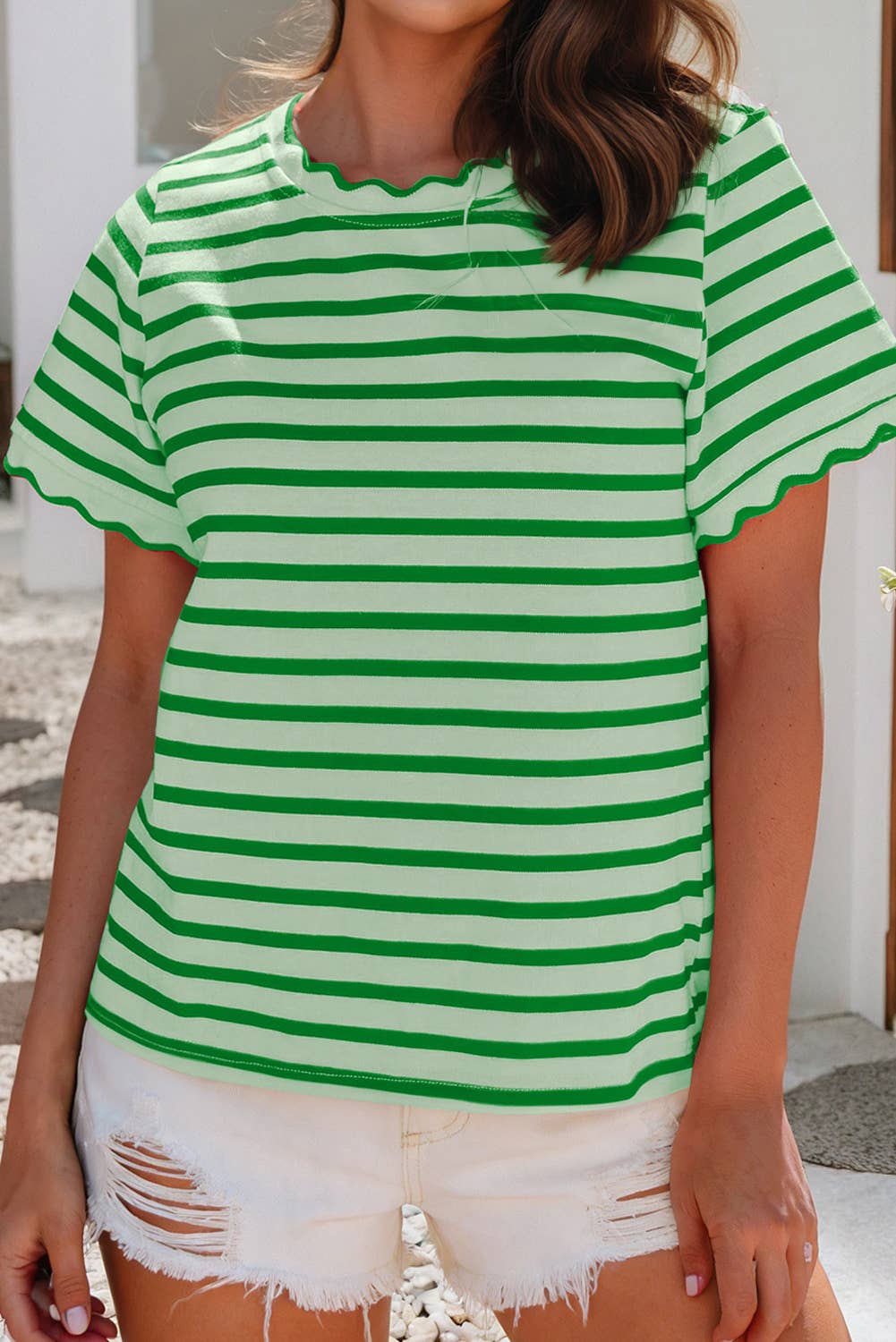 Shirts Women’s LDC Spring Scalloped Trim Round Neck Stripe T Shirt P219 P319