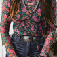 Shirts Women’s Floral Western Mesh Mock Neck Sheer Slim Fit Blouse P1015