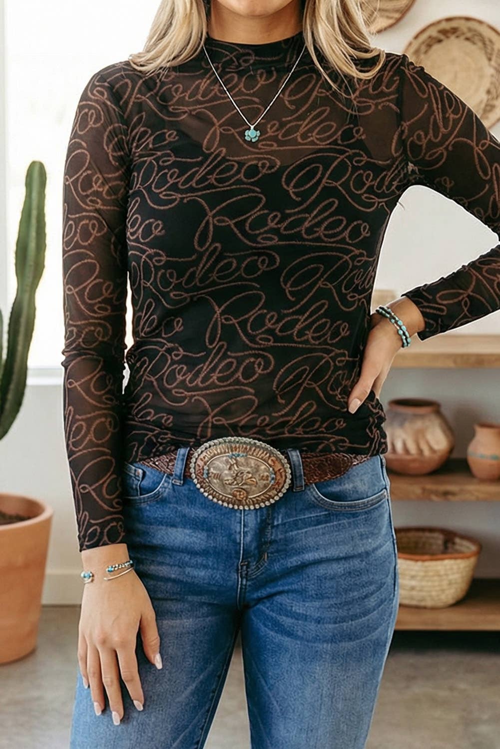LDC Western Rodeo Printed Mock Neck Long Sleeve Mesh Top P-220