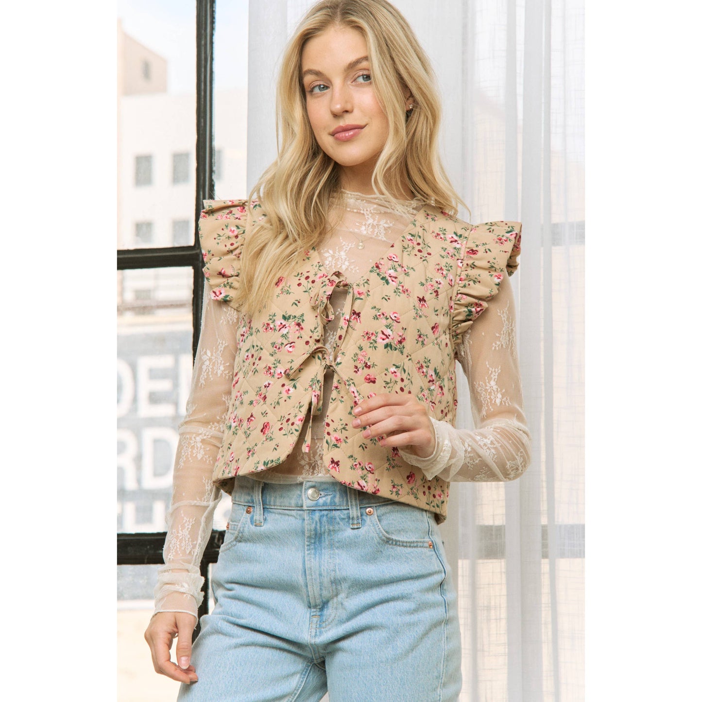 Shirts Women’s FLORAL PRINT VEST JACKET With ARMHOLE RUFFLE JK10401