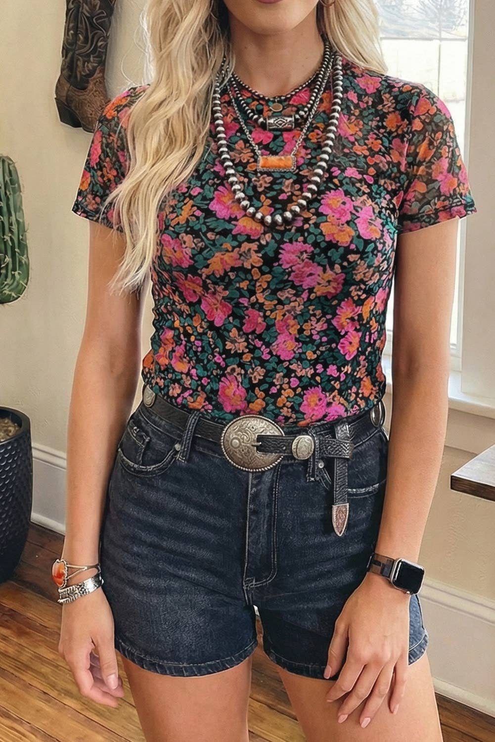Shirts Women’s Floral Western Mesh Mock Neck Sheer Slim Fit Blouse P1015