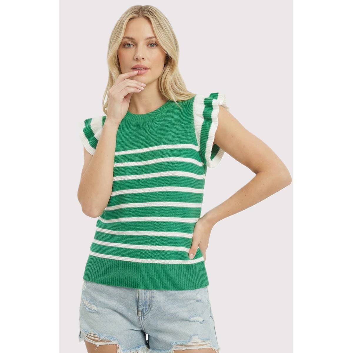 Outerwear Women’s STRIPED RUFFLE SLEEVE SWEATER 55961