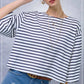 HDT7723-Striped Semi Crop Top women’s shirt with 3/4 Bell Sleeves