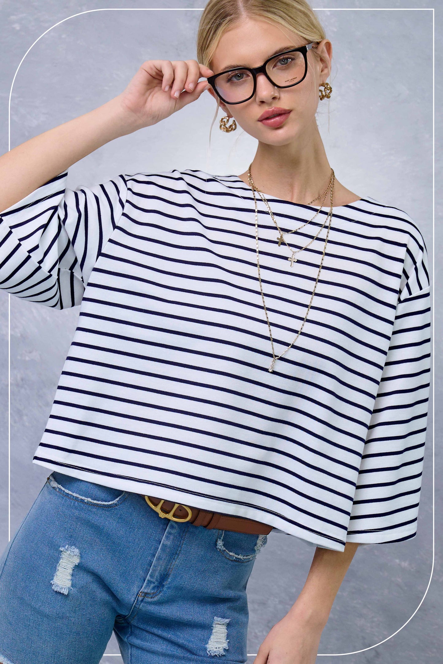HDT7723-Striped Semi Crop Top women’s shirt with 3/4 Bell Sleeves