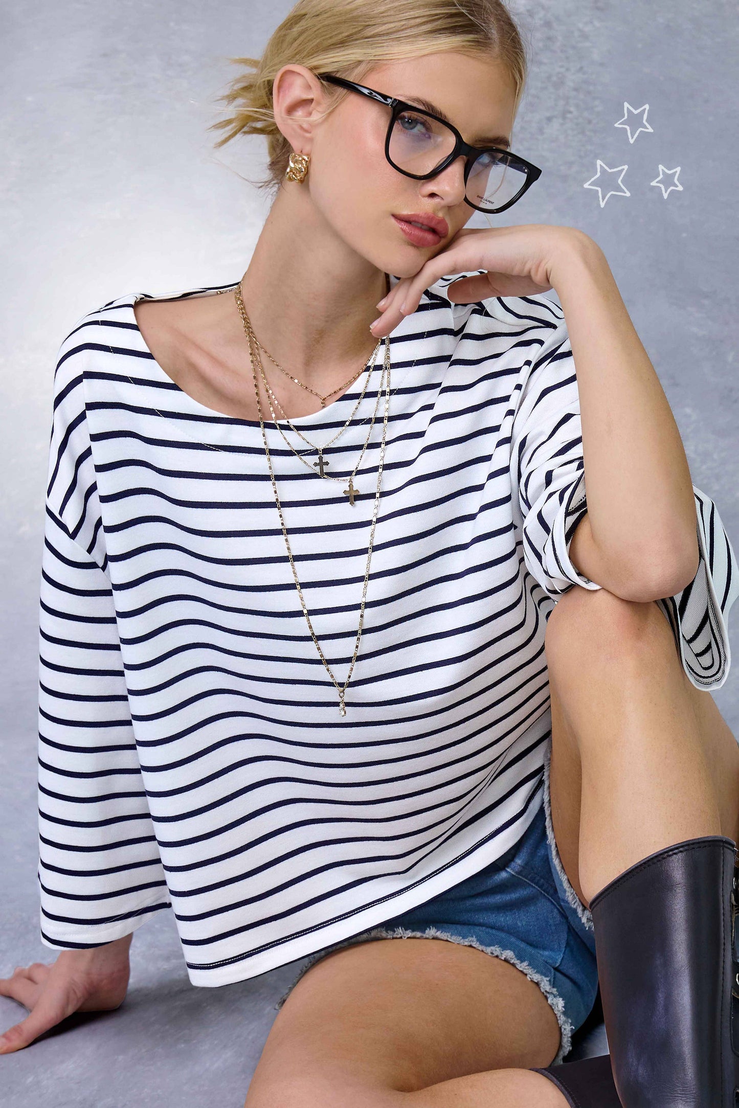 HDT7723-Striped Semi Crop Top women’s shirt with 3/4 Bell Sleeves