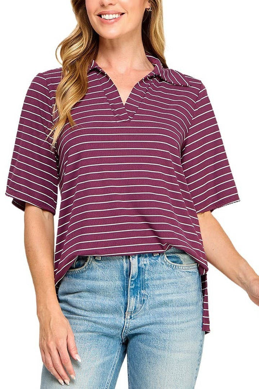T4019 Stripe Collared Top