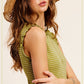 HCT7692-Stretchy Brushed Ruffle Sleeve Stripe Tank Top