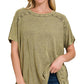 Washed Ribbed Short Sleeve Boat-neck Top 8393a
