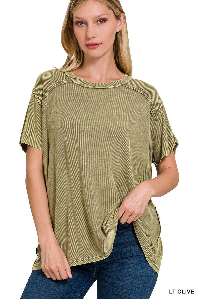 Washed Ribbed Short Sleeve Boat-neck Top 8393a