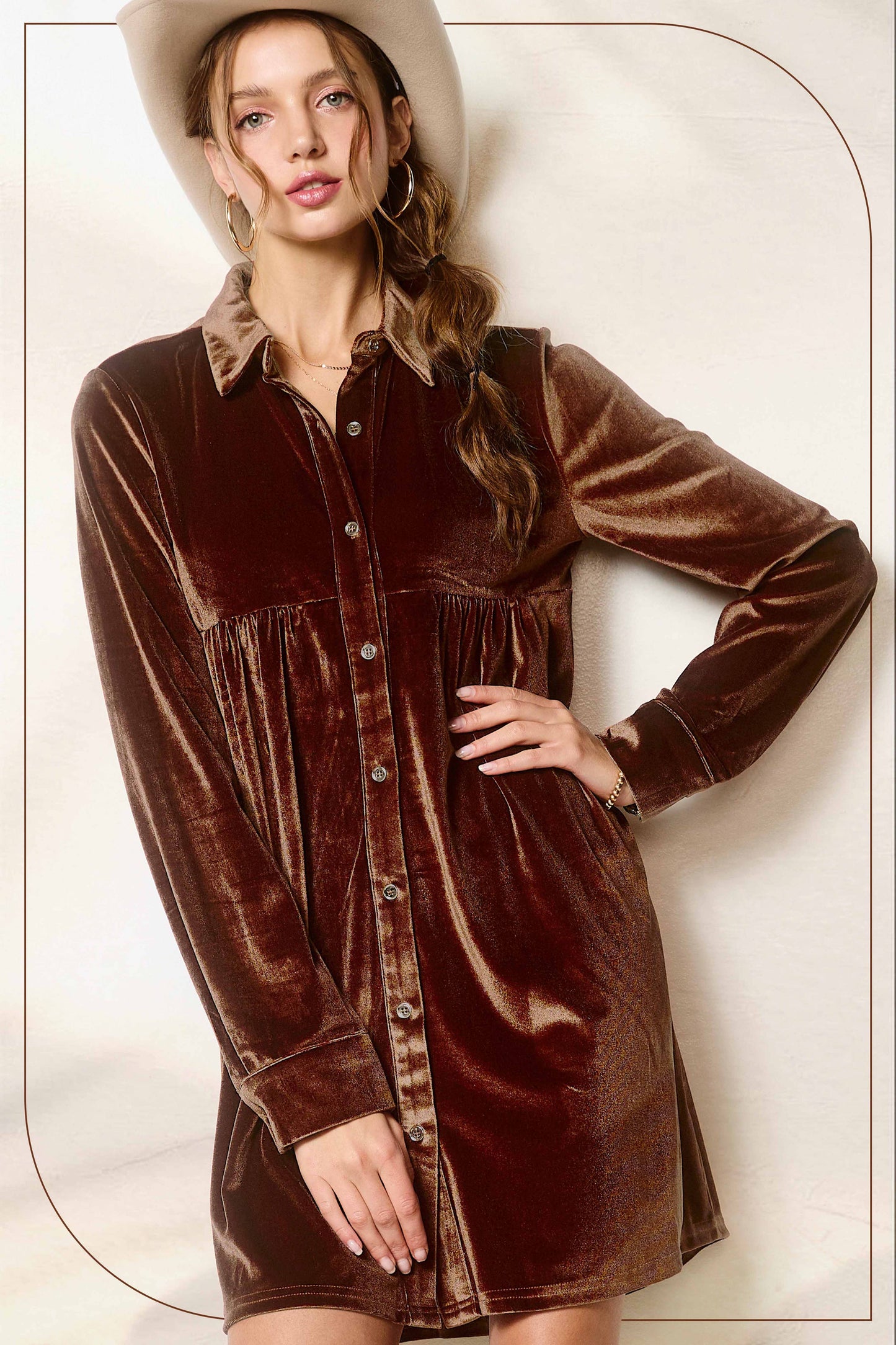 HCD9315-Soft Velvety Button Down Collar Dress