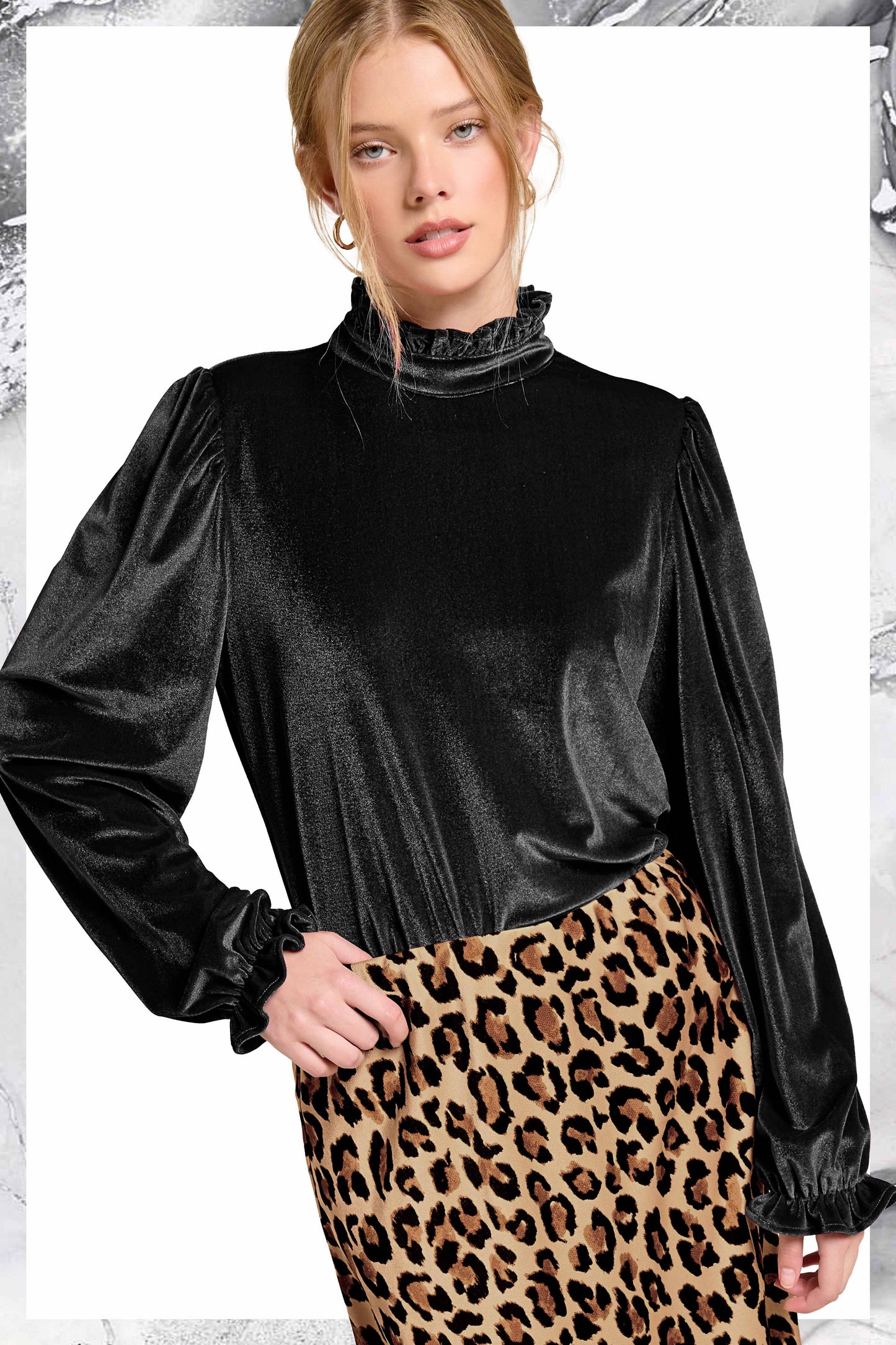 HCT7698-Soft Velvet Long Puff Sleeve Blouse Top shirt womens