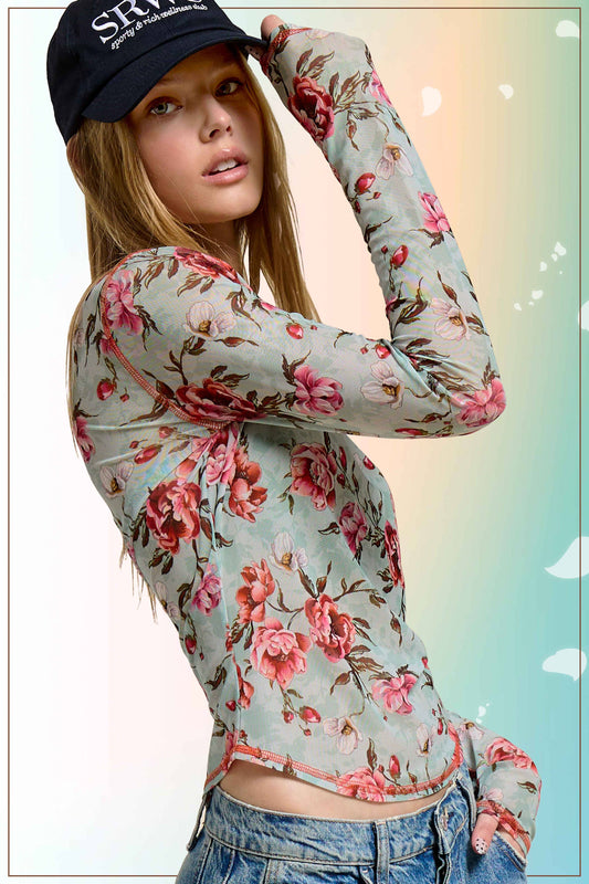 JDT7714-Semi Sheer Crew Neck Long Sleeve Mesh Layering Top