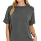 8451 Textured Line Short Cuff Sleeve Raw Edge Top