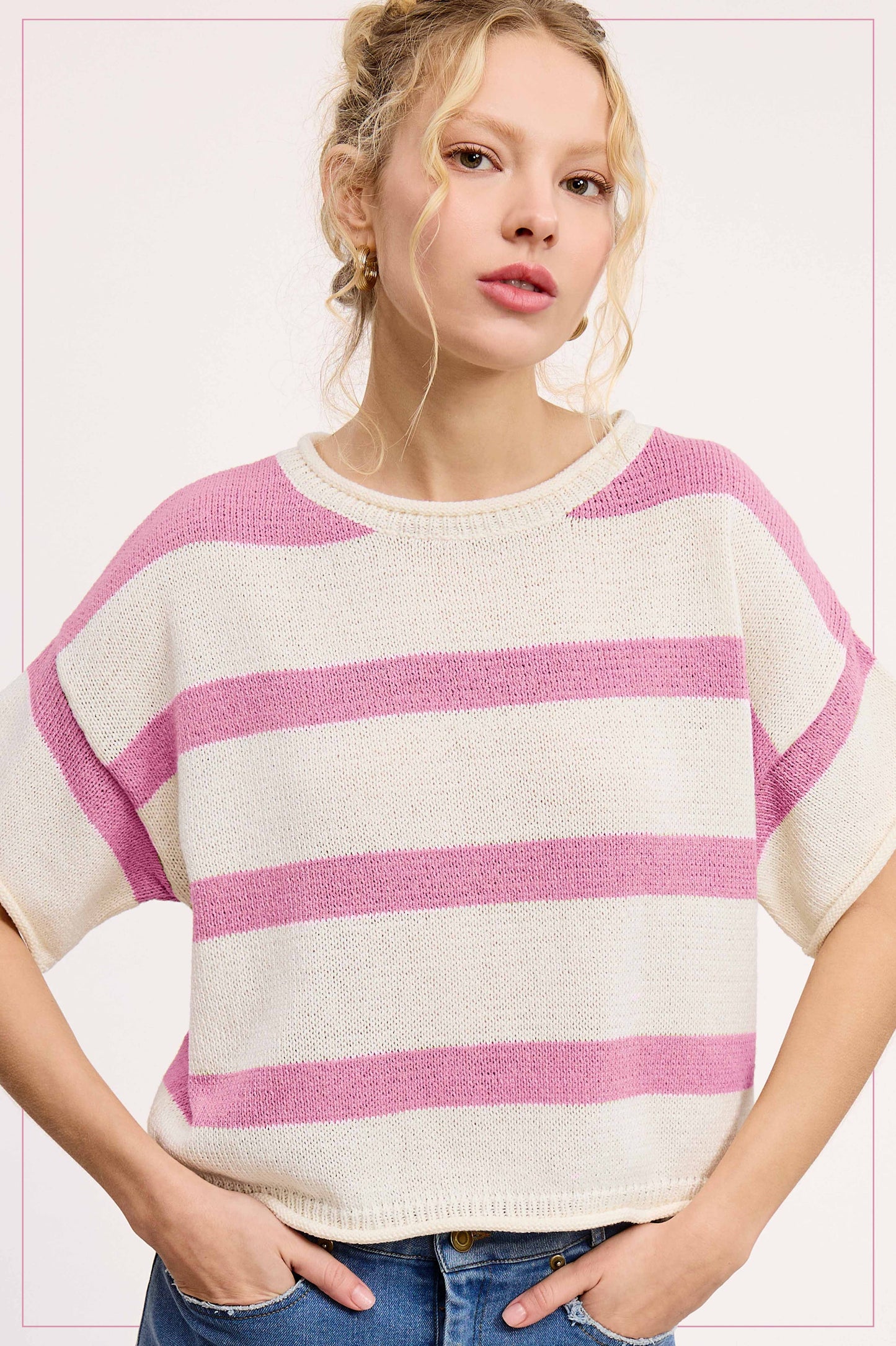 MCS3579-Boxy Silhouette Stripe Lightweight Sweater Top Outerwear Women’s