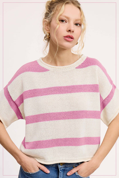MCS3579-Boxy Silhouette Stripe Lightweight Sweater Top Outerwear Women’s