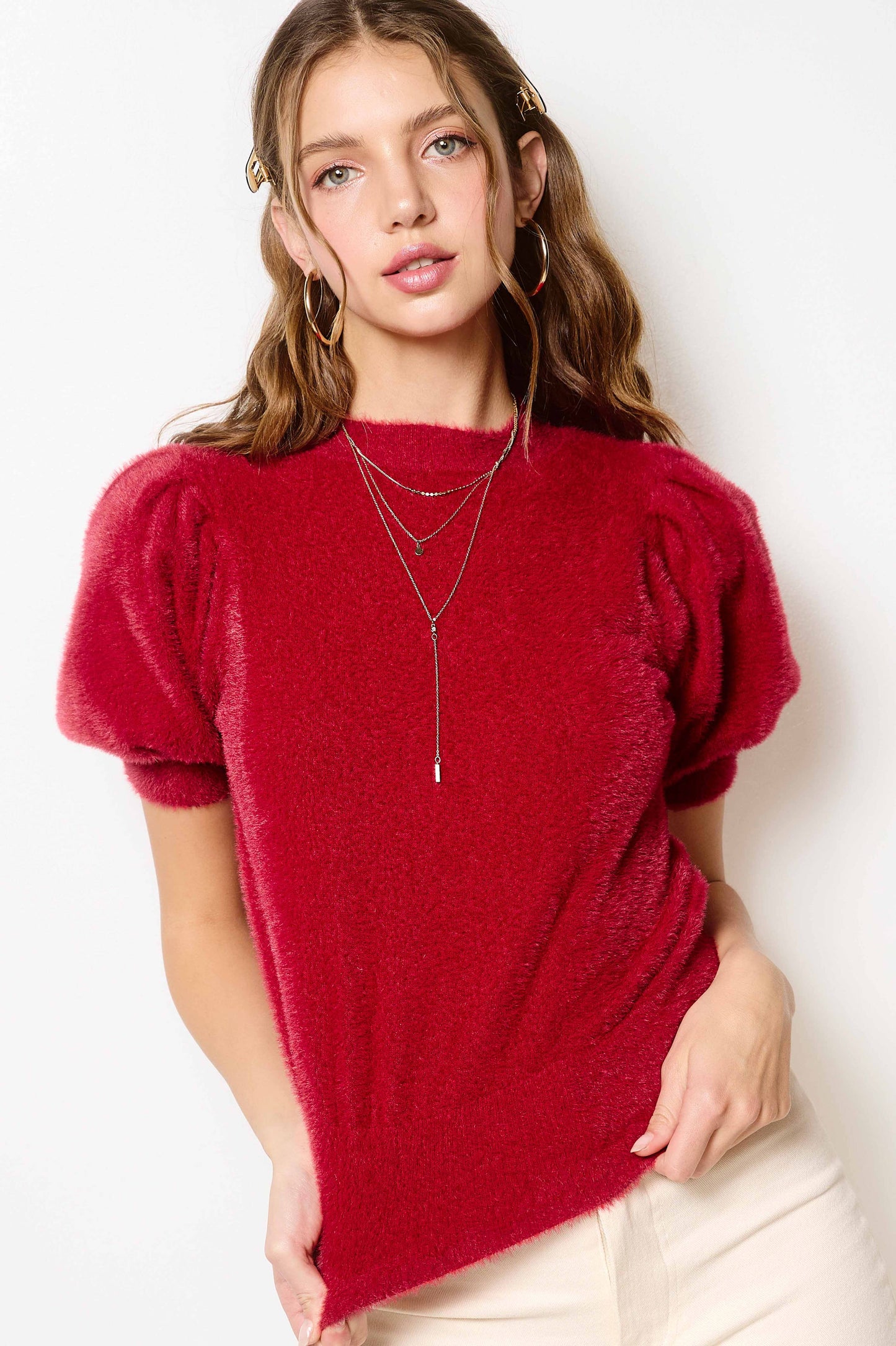 Soft Mohair Puff Short Sleeve Knit Top JCS3554