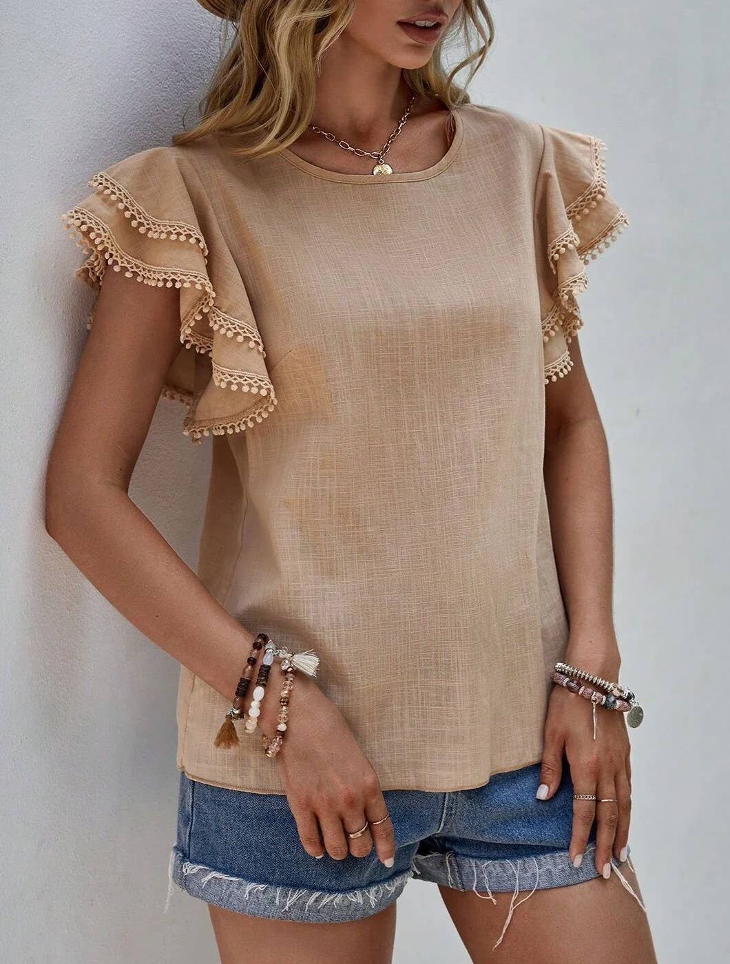 Shirts Women’s Crewneck Loose Lace Ruffle Sleeve RCXL00715