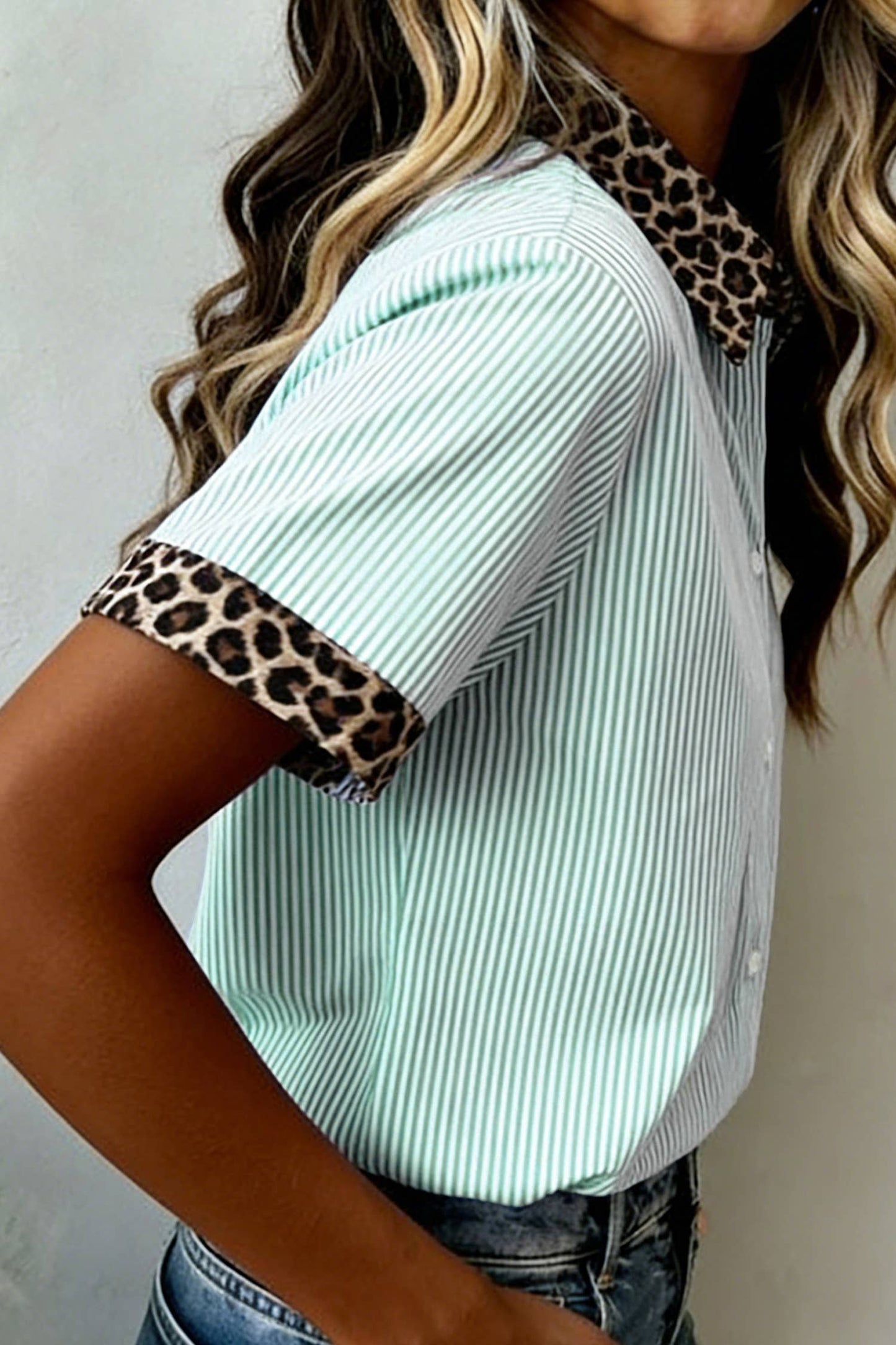 Shirts Women’s Leopard Trim Striped Button-Down Short Sleeve Shirt P-419