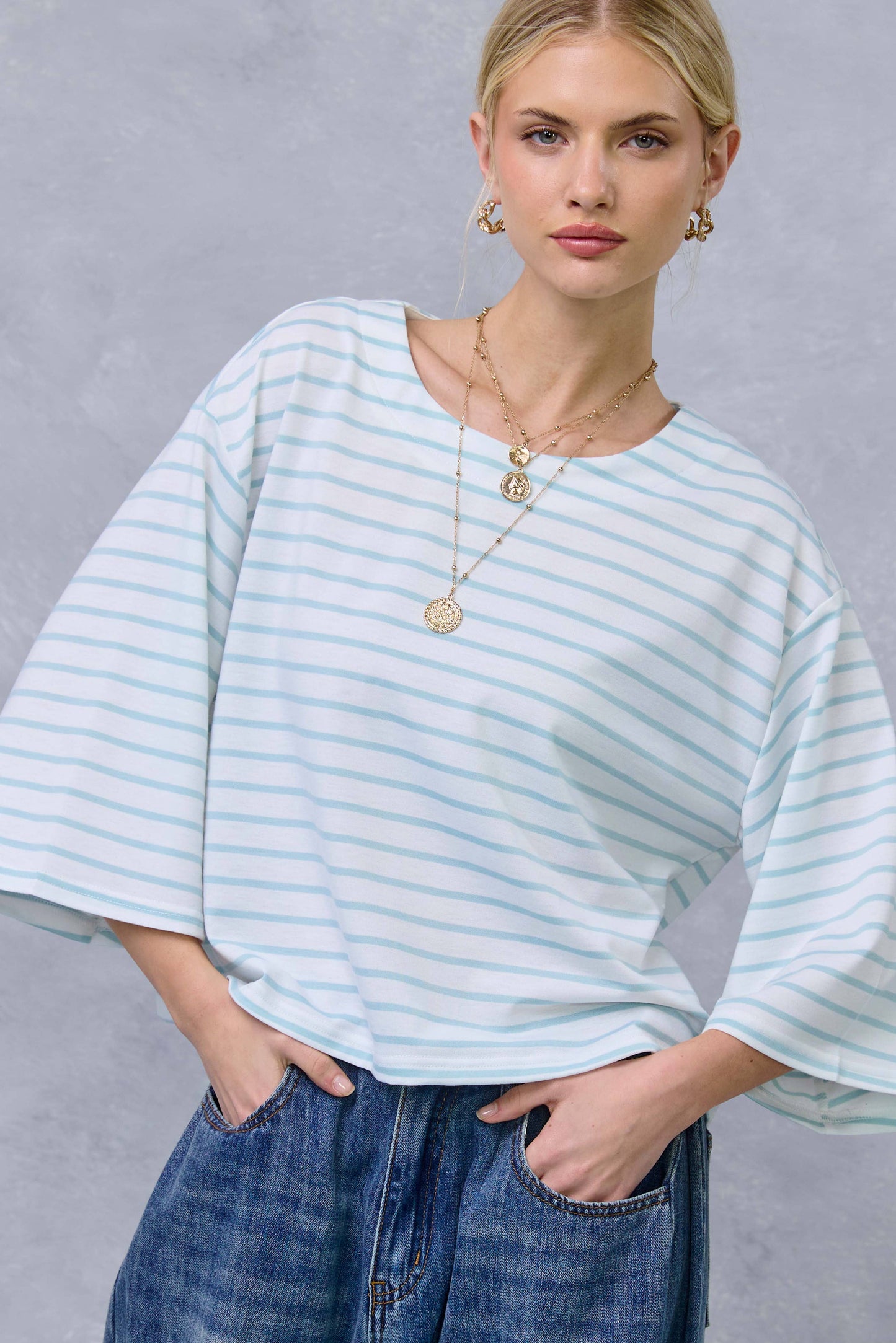 HDT7723-Striped Semi Crop Top women’s shirt with 3/4 Bell Sleeves