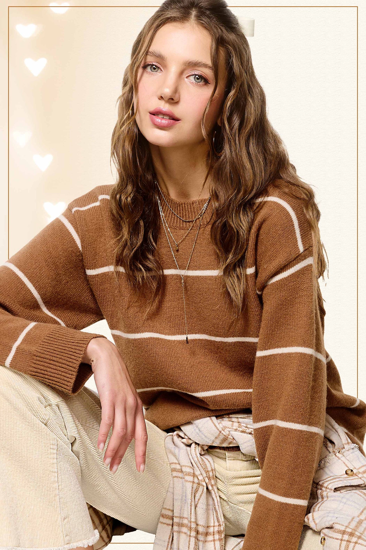 Outerwear Loose Fit Stripe Long Sleeve Crewneck Sweater HCS3553