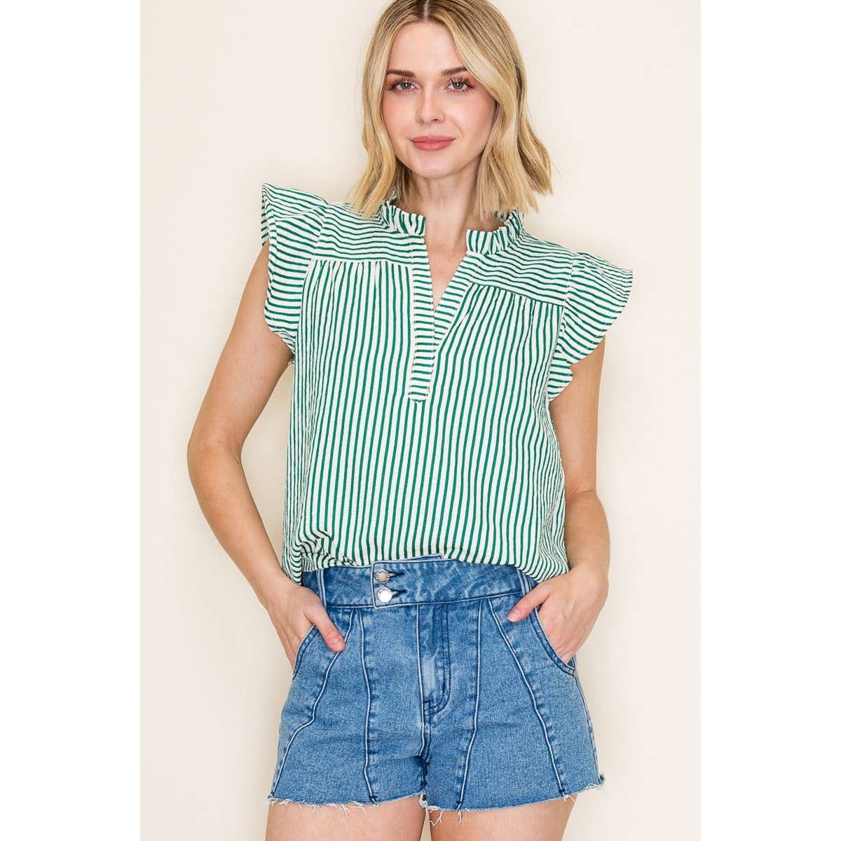 Shirts Women’s FRILLED SPLIT NECK STRIPED TOP 20952