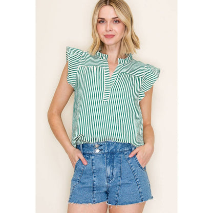 Shirts Women’s FRILLED SPLIT NECK STRIPED TOP 20952