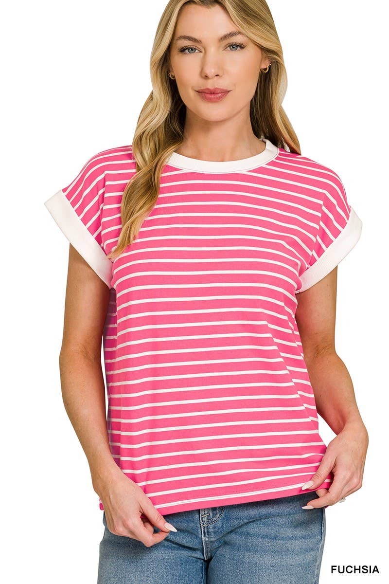 3534 Contrast Trim Cap Sleeve Stripe Tee CT-3543Y