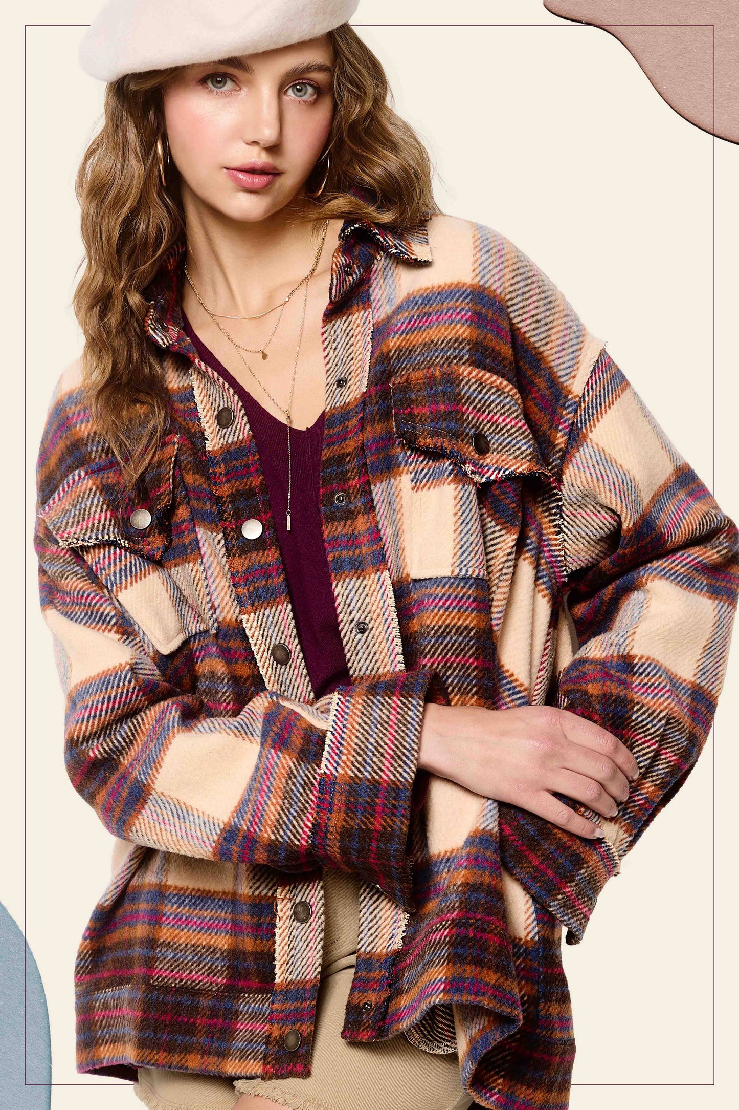 Outerwear Loose Fit Plaid Button Down Shacket with  Pockets JKT1797